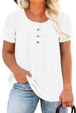 VISLILY Womens-Plus-Size-Summer-Tops Buttons Up Henley Shirts Flowy Pleated Tunics Trendy Eyelet Short Sleeve Blouses