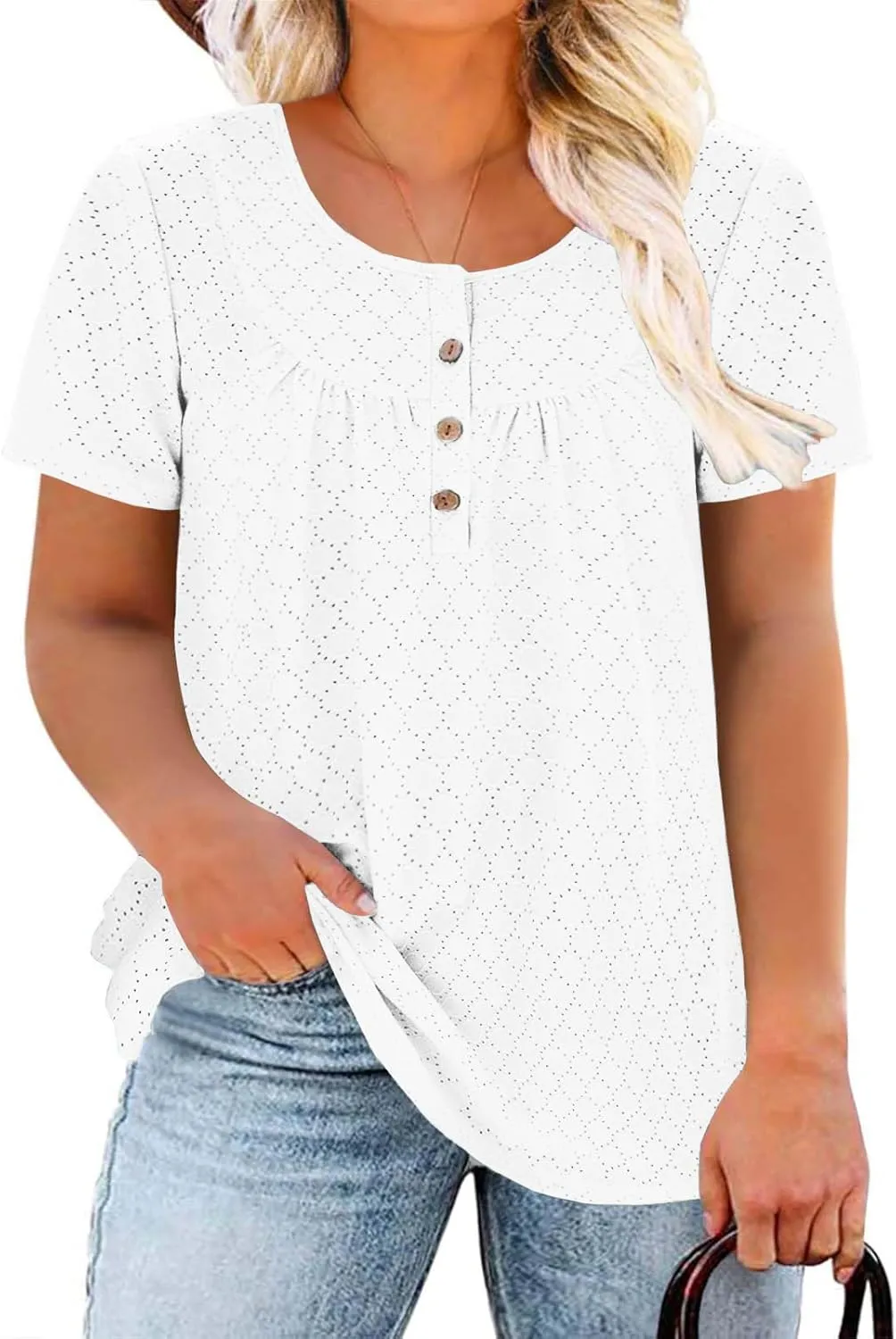 VISLILY Womens-Plus-Size-Summer-Tops Buttons Up Henley Shirts Flowy Pleated Tunics Trendy Eyelet Short Sleeve Blouses