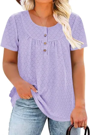 VISLILY Womens-Plus-Size-Summer-Tops Buttons Up Henley Shirts Flowy Pleated Tunics Trendy Eyelet Short Sleeve Blouses