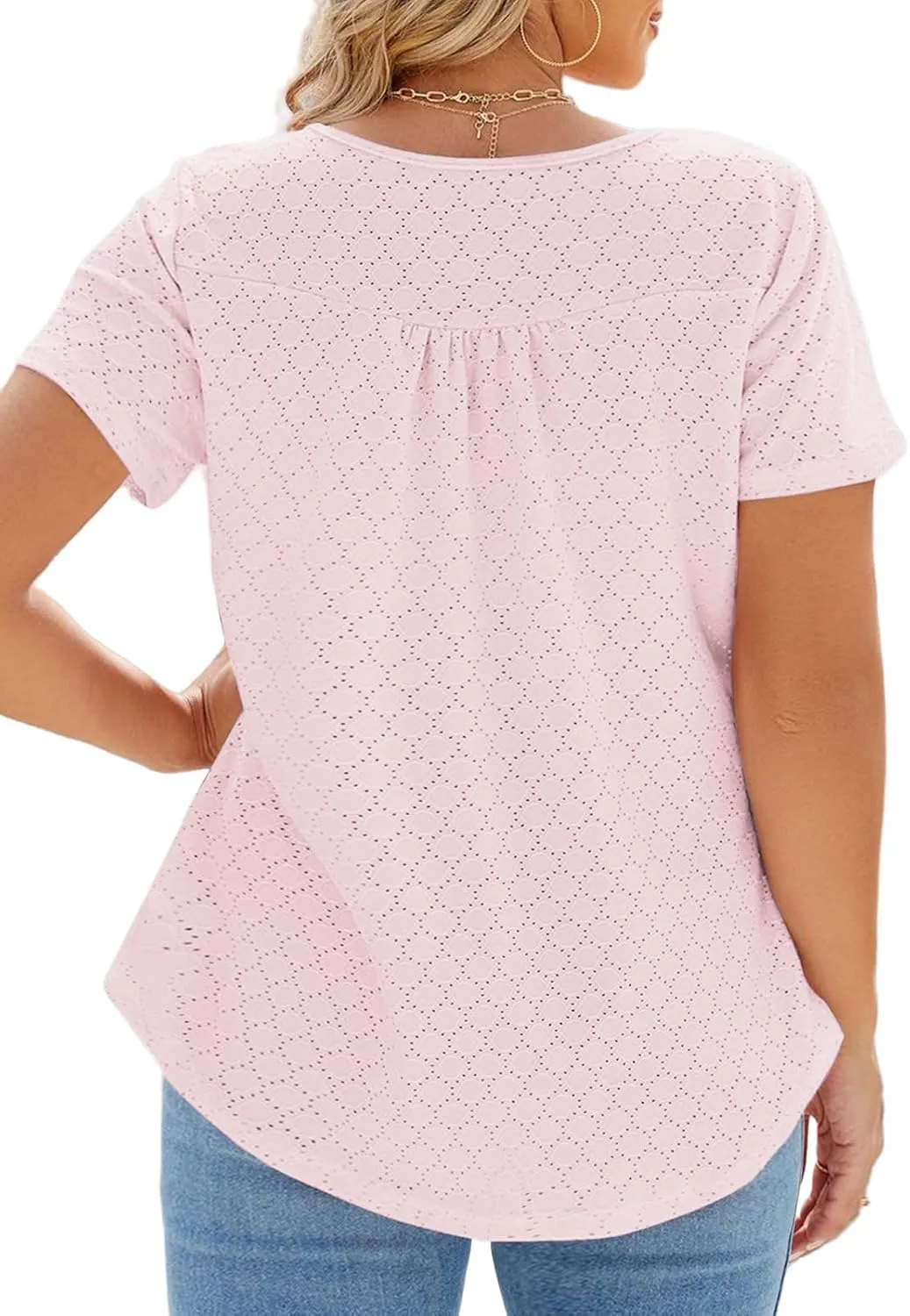 VISLILY Womens-Plus-Size-Summer-Tops Buttons Up Henley Shirts Flowy Pleated Tunics Trendy Eyelet Short Sleeve Blouses