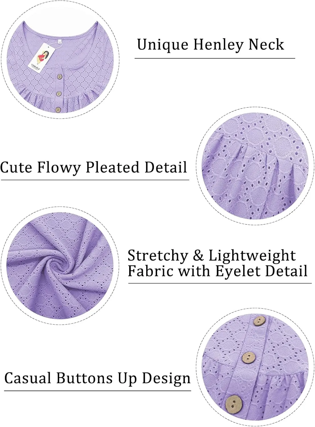 VISLILY Womens-Plus-Size-Summer-Tops Buttons Up Henley Shirts Flowy Pleated Tunics Trendy Eyelet Short Sleeve Blouses
