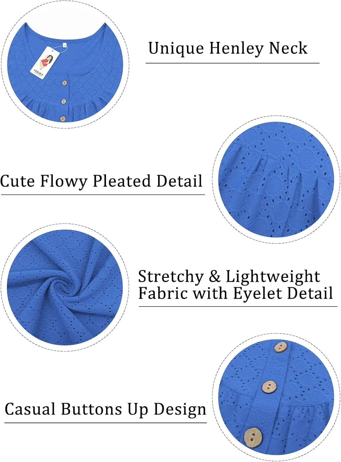 VISLILY Womens-Plus-Size-Summer-Tops Buttons Up Henley Shirts Flowy Pleated Tunics Trendy Eyelet Short Sleeve Blouses