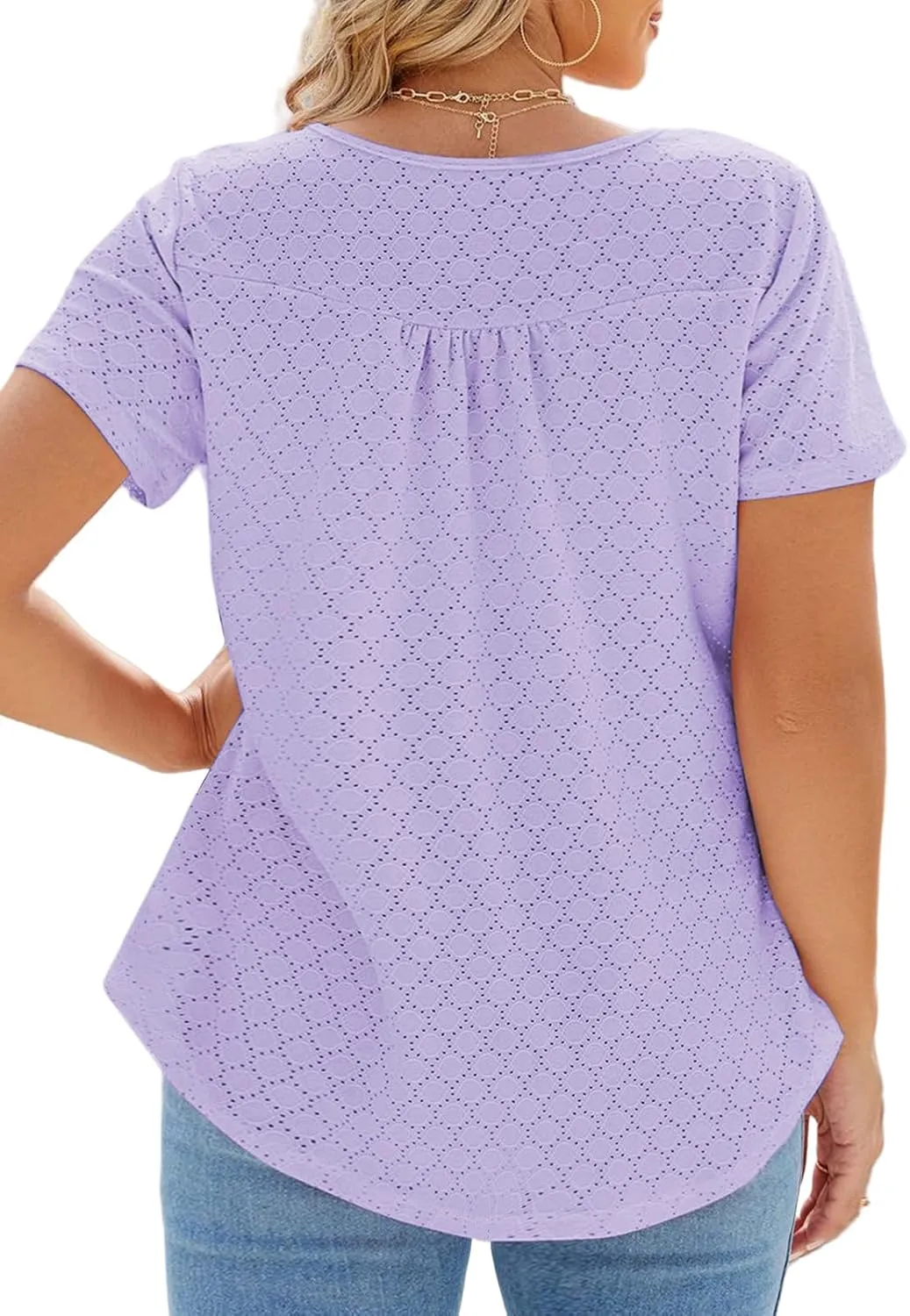 VISLILY Womens-Plus-Size-Summer-Tops Buttons Up Henley Shirts Flowy Pleated Tunics Trendy Eyelet Short Sleeve Blouses