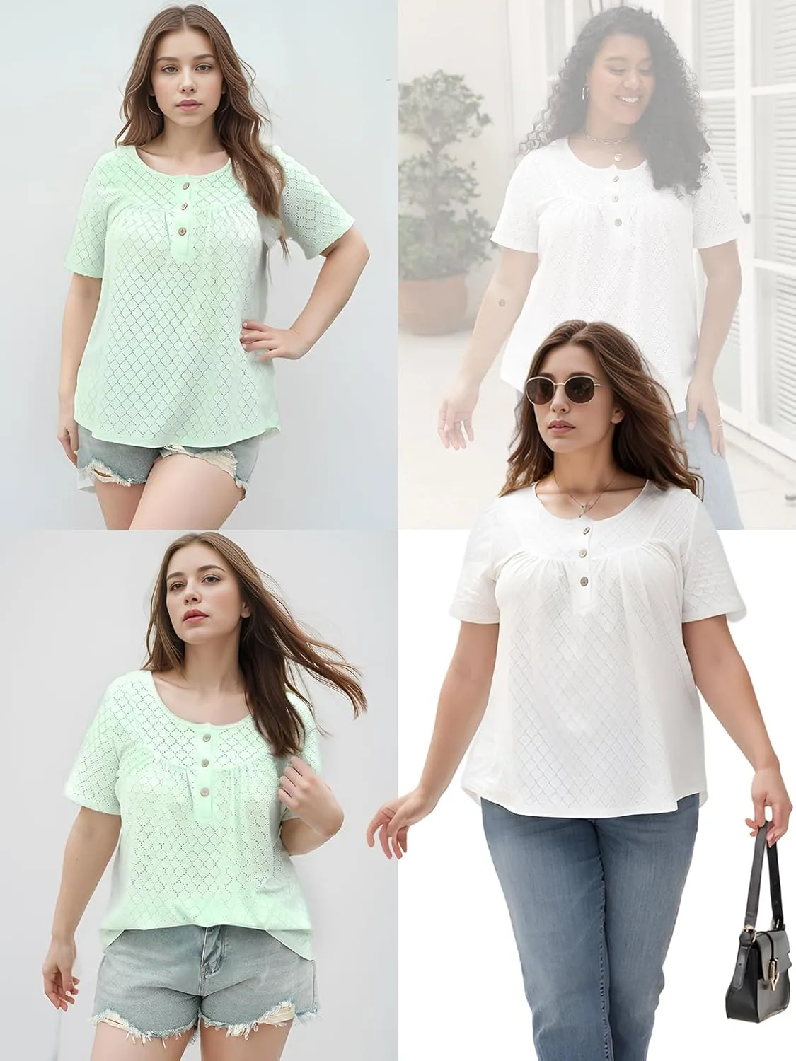 VISLILY Womens-Plus-Size-Summer-Tops Buttons Up Henley Shirts Flowy Pleated Tunics Trendy Eyelet Short Sleeve Blouses