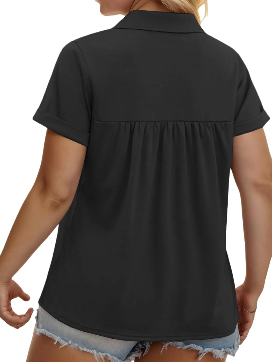 VISLILY Womens-Plus-Size-Summer-Tops Collared V Neck Polo Shirts Flowy Pleated Tunics Trendy Roll Short Sleeve Blouses