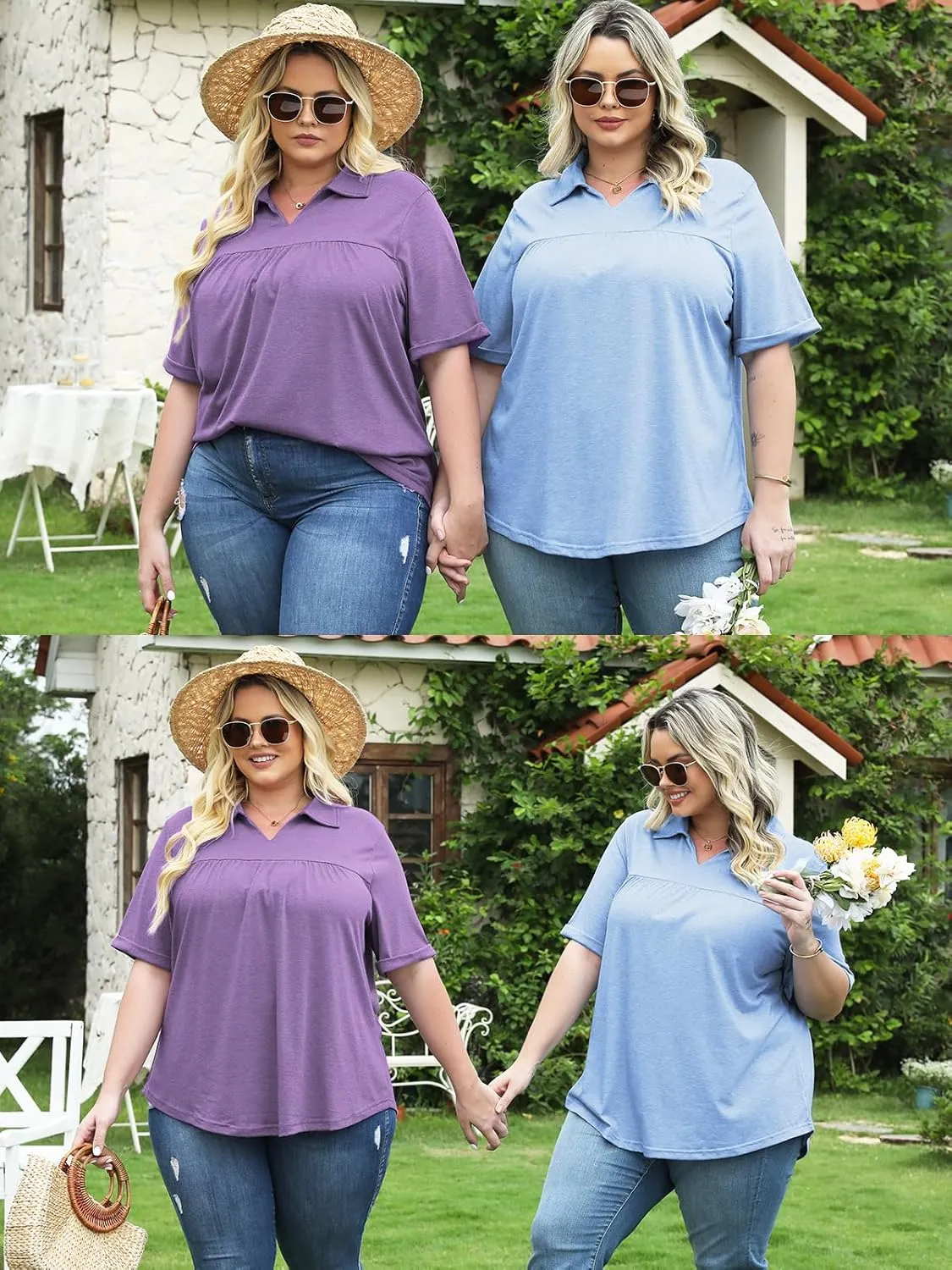 VISLILY Womens-Plus-Size-Summer-Tops Collared V Neck Polo Shirts Flowy Pleated Tunics Trendy Roll Short Sleeve Blouses
