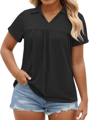 VISLILY Womens-Plus-Size-Summer-Tops Collared V Neck Polo Shirts Flowy Pleated Tunics Trendy Roll Short Sleeve Blouses