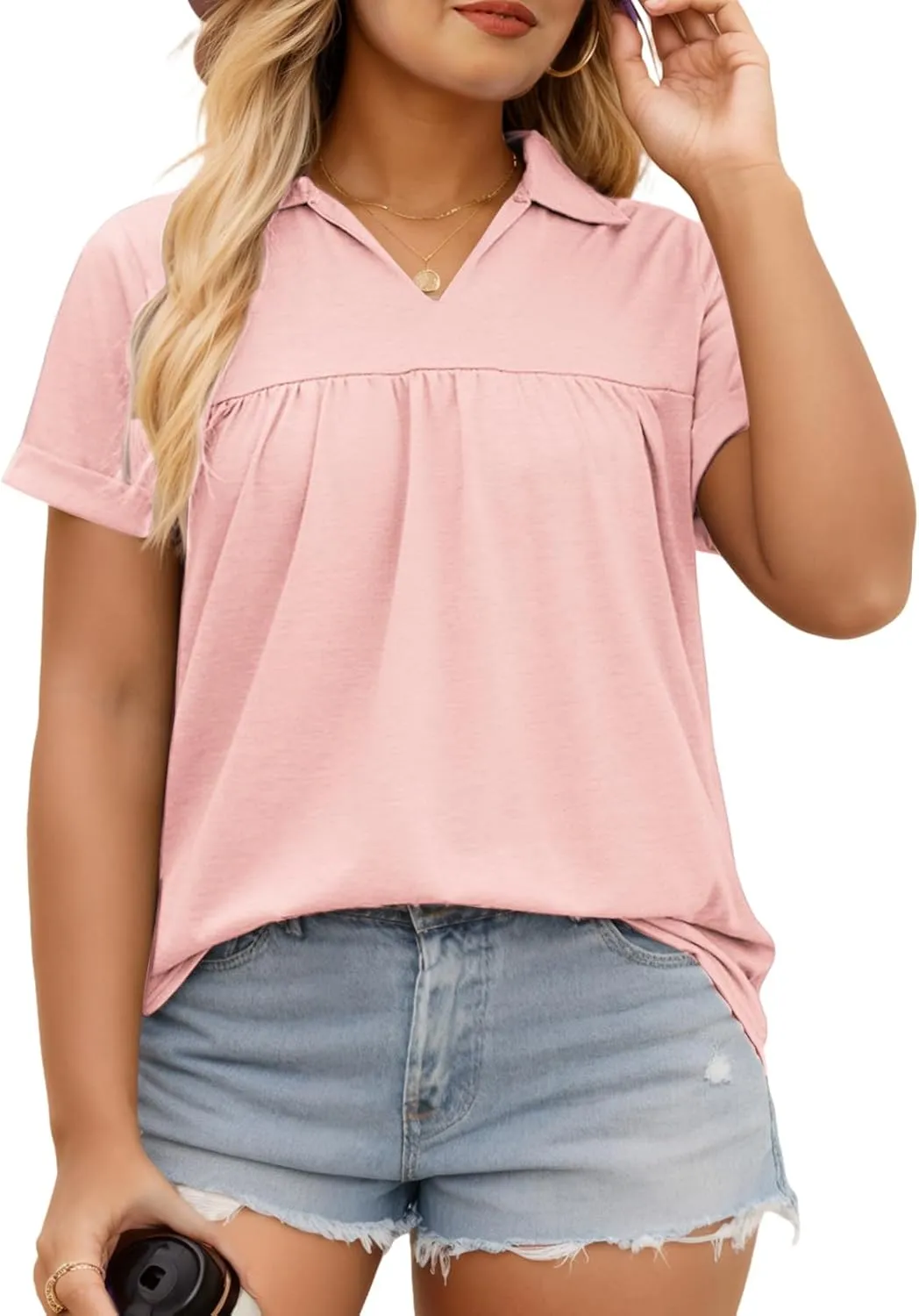 VISLILY Womens-Plus-Size-Summer-Tops Collared V Neck Polo Shirts Flowy Pleated Tunics Trendy Roll Short Sleeve Blouses