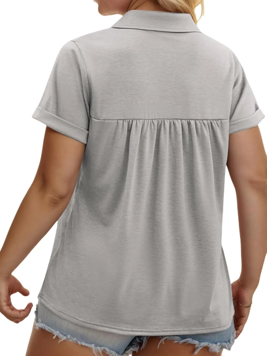 VISLILY Womens-Plus-Size-Summer-Tops Collared V Neck Polo Shirts Flowy Pleated Tunics Trendy Roll Short Sleeve Blouses