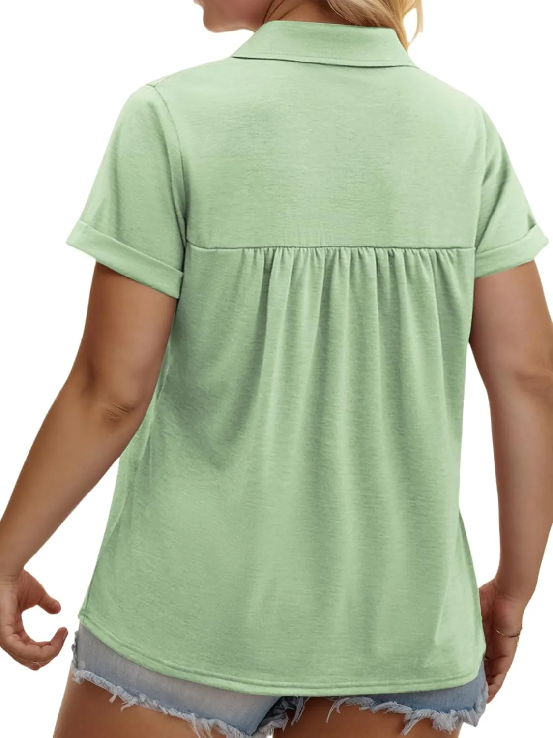 VISLILY Womens-Plus-Size-Summer-Tops Collared V Neck Polo Shirts Flowy Pleated Tunics Trendy Roll Short Sleeve Blouses