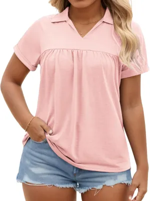 VISLILY Womens-Plus-Size-Summer-Tops Collared V Neck Polo Shirts Flowy Pleated Tunics Trendy Roll Short Sleeve Blouses