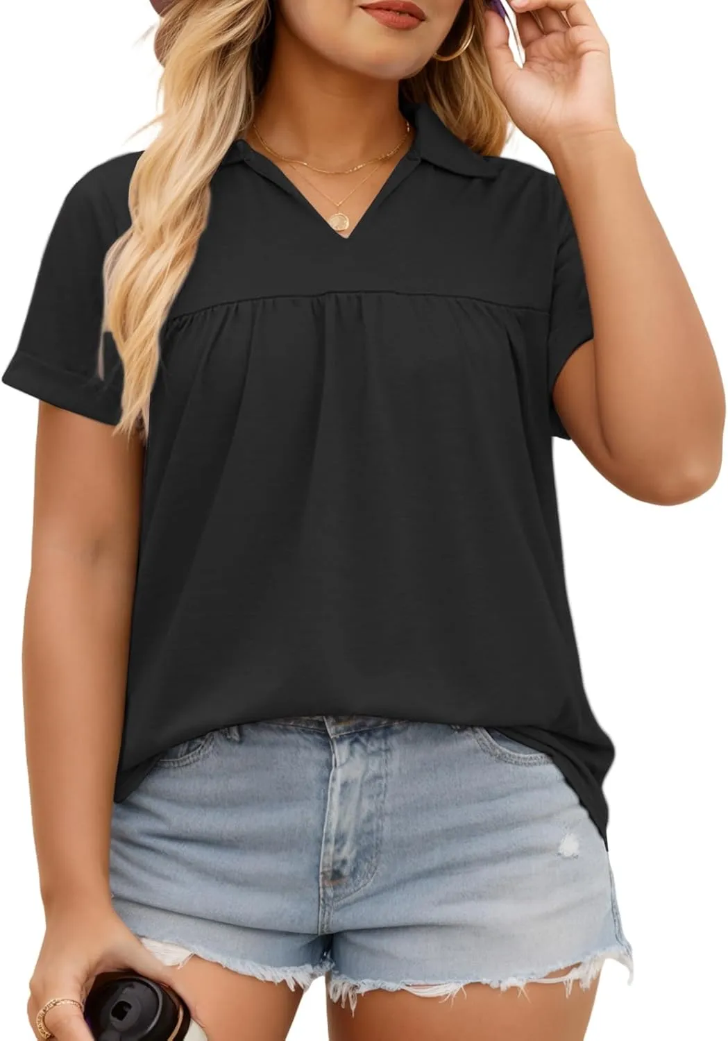 VISLILY Womens-Plus-Size-Summer-Tops Collared V Neck Polo Shirts Flowy Pleated Tunics Trendy Roll Short Sleeve Blouses