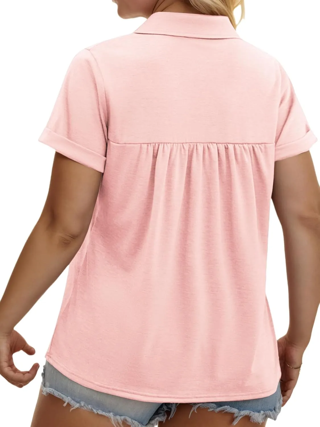 VISLILY Womens-Plus-Size-Summer-Tops Collared V Neck Polo Shirts Flowy Pleated Tunics Trendy Roll Short Sleeve Blouses