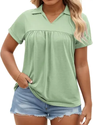 VISLILY Womens-Plus-Size-Summer-Tops Collared V Neck Polo Shirts Flowy Pleated Tunics Trendy Roll Short Sleeve Blouses