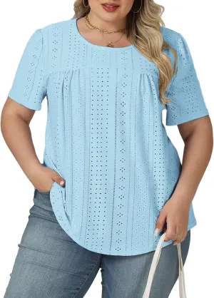 VISLILY Womens-Plus-Size-Summer-Tops Trendy Eyelet Embroidery T Shirts Cute Curved Hem Tunics Casual Short Sleeve Blouse Tees