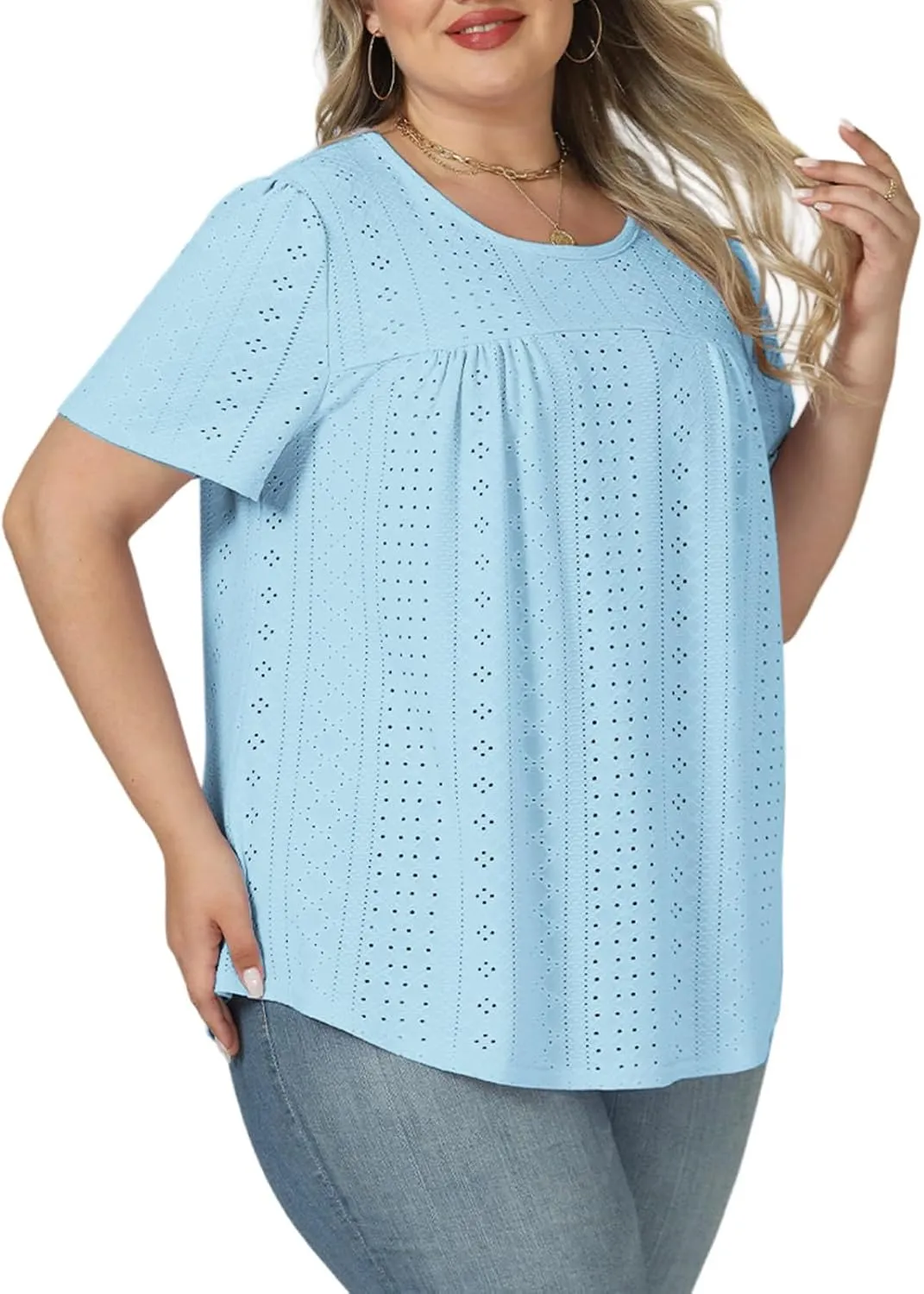 VISLILY Womens-Plus-Size-Summer-Tops Trendy Eyelet Embroidery T Shirts Cute Curved Hem Tunics Casual Short Sleeve Blouse Tees