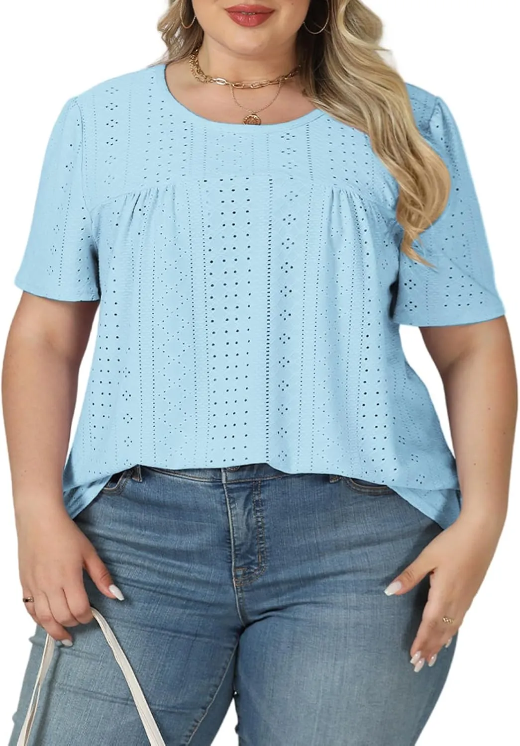 VISLILY Womens-Plus-Size-Summer-Tops Trendy Eyelet Embroidery T Shirts Cute Curved Hem Tunics Casual Short Sleeve Blouse Tees