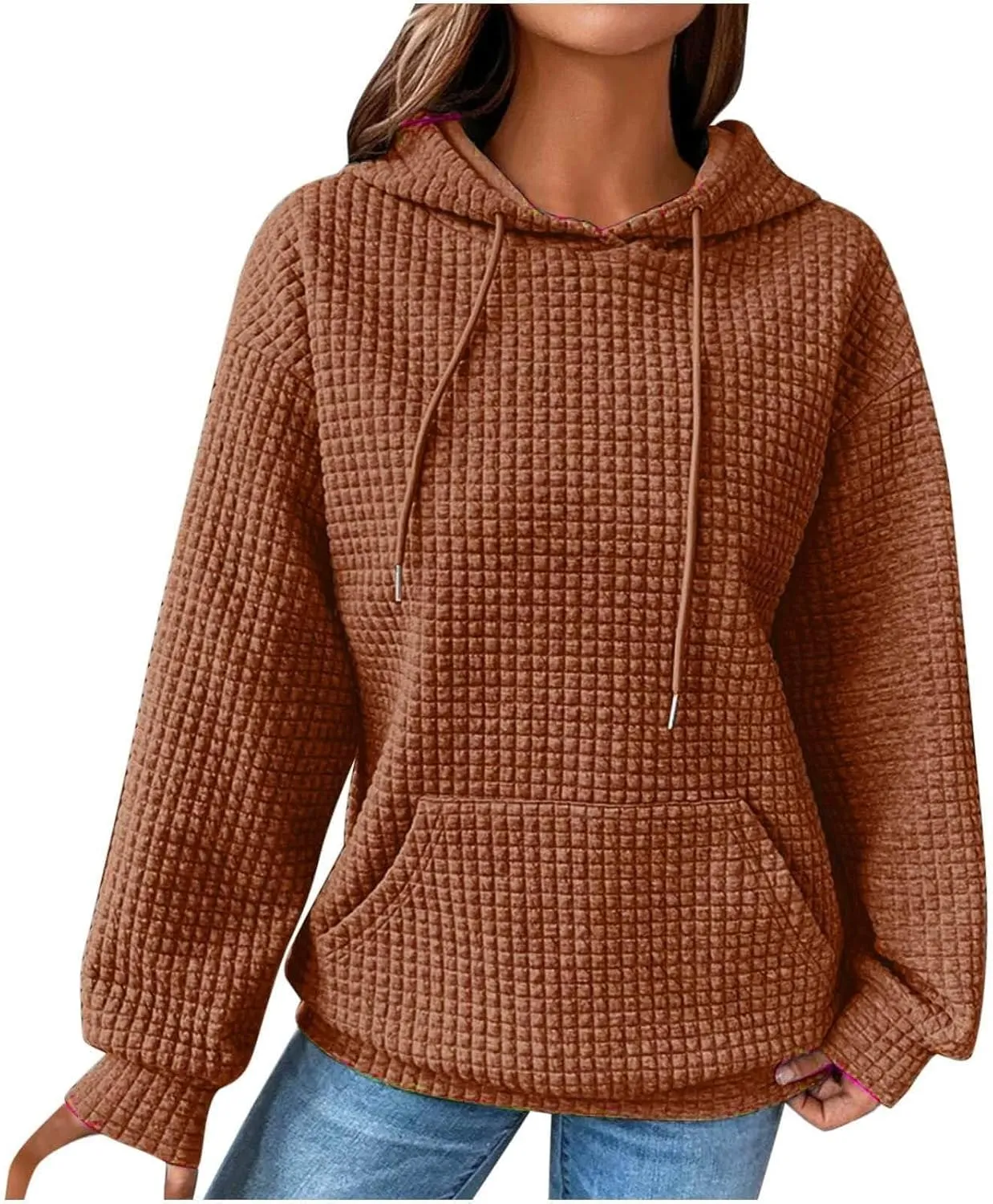Waffle Knit Hoodie Women Oversized Drawstring Hooded Sweatshirts Y2K Waffle Pullover Loose Fit Casual Cute Clothes