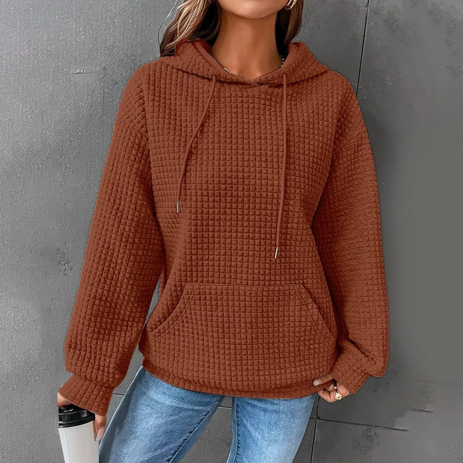 Waffle Knit Hoodie Women Oversized Drawstring Hooded Sweatshirts Y2K Waffle Pullover Loose Fit Casual Cute Clothes