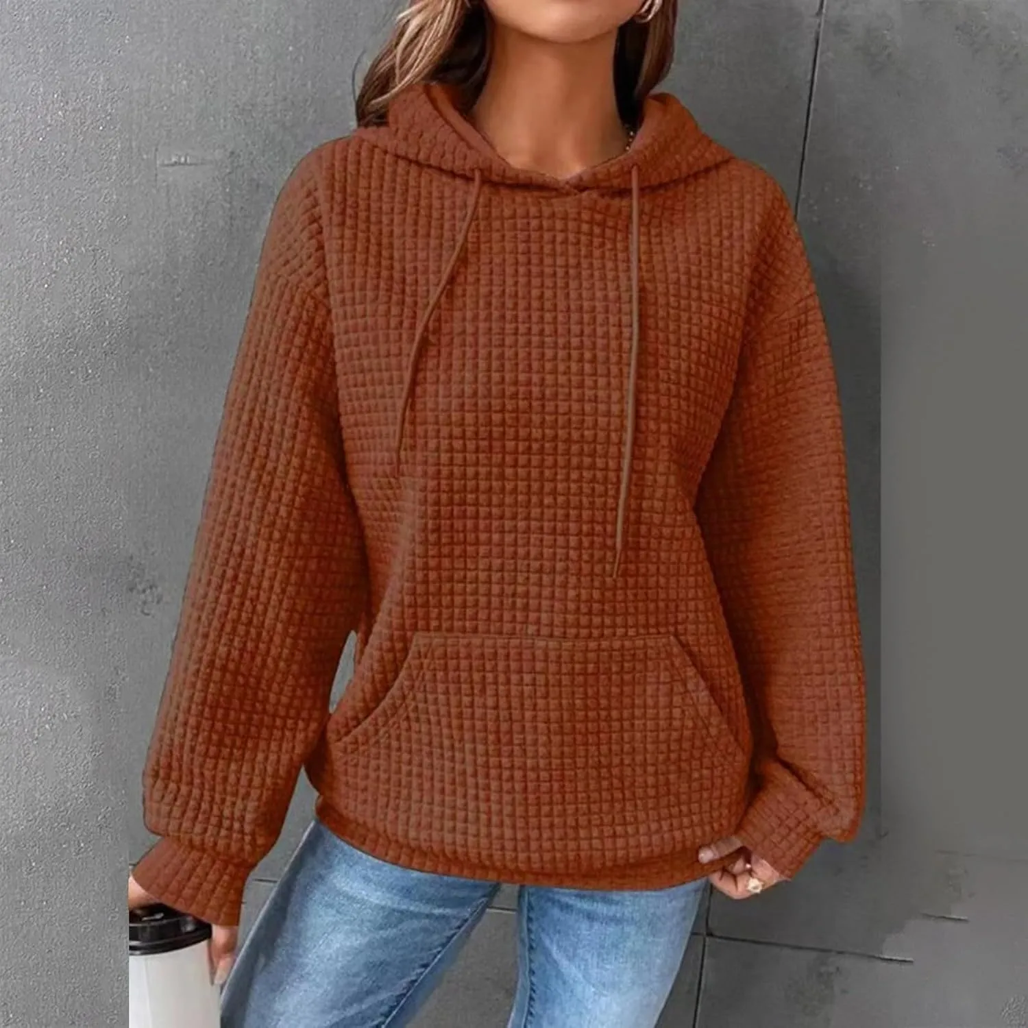 Waffle Knit Hoodie Women Oversized Drawstring Hooded Sweatshirts Y2K Waffle Pullover Loose Fit Casual Cute Clothes