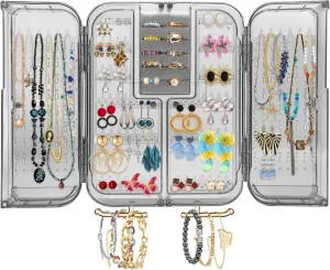 Wall Mounted Jewelry Organizer, No Drilling, Dust-Proof Hanging Jewelry Storage Box Earring Holder, Necklace & Bracelet Organizer, Large Space Jewelry Rack, Gift Ideal for Girls, Clear Gray