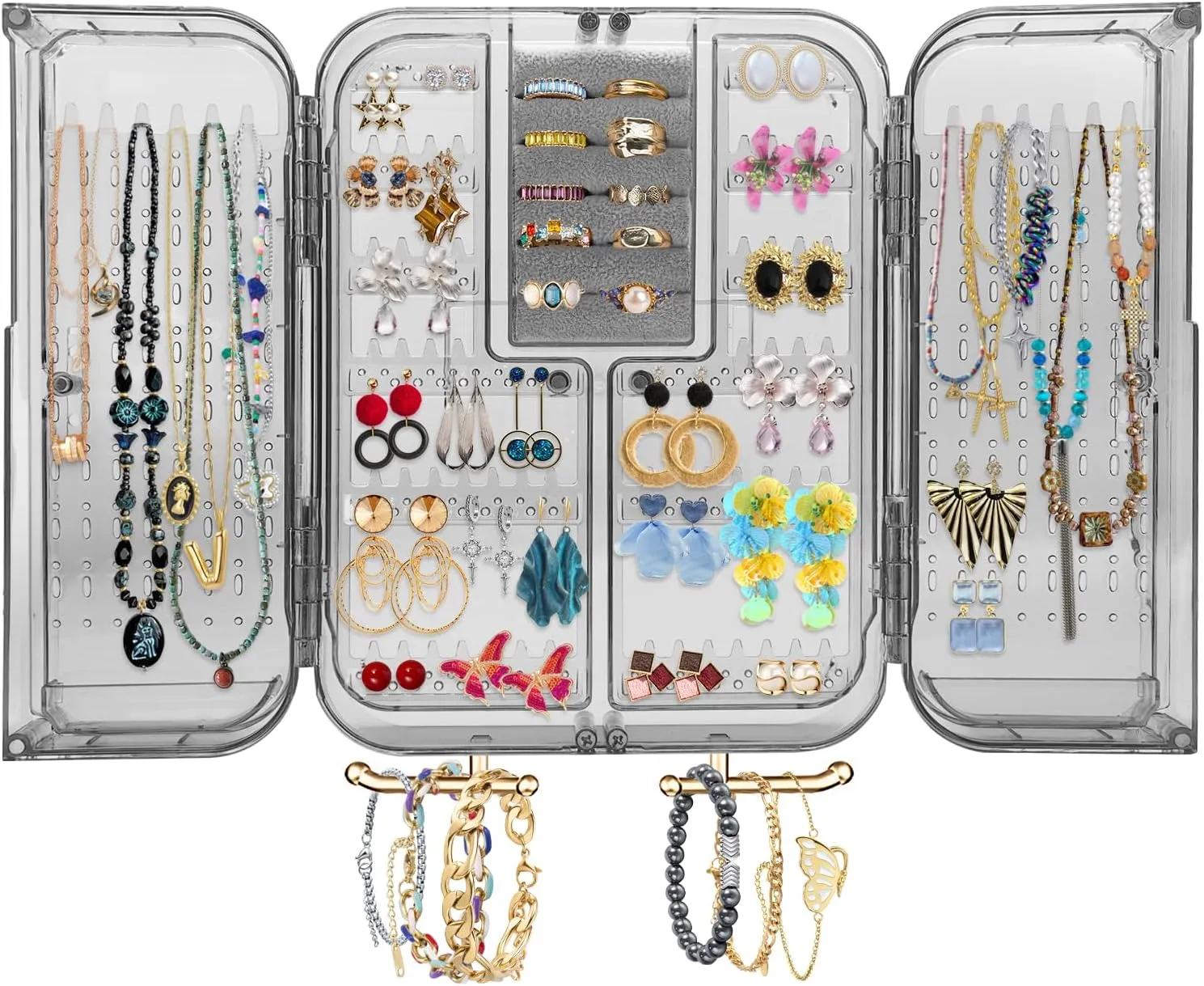 Wall Mounted Jewelry Organizer, No Drilling, Dust-Proof Hanging Jewelry Storage Box Earring Holder, Necklace & Bracelet Organizer, Large Space Jewelry Rack, Gift Ideal for Girls, Clear Gray