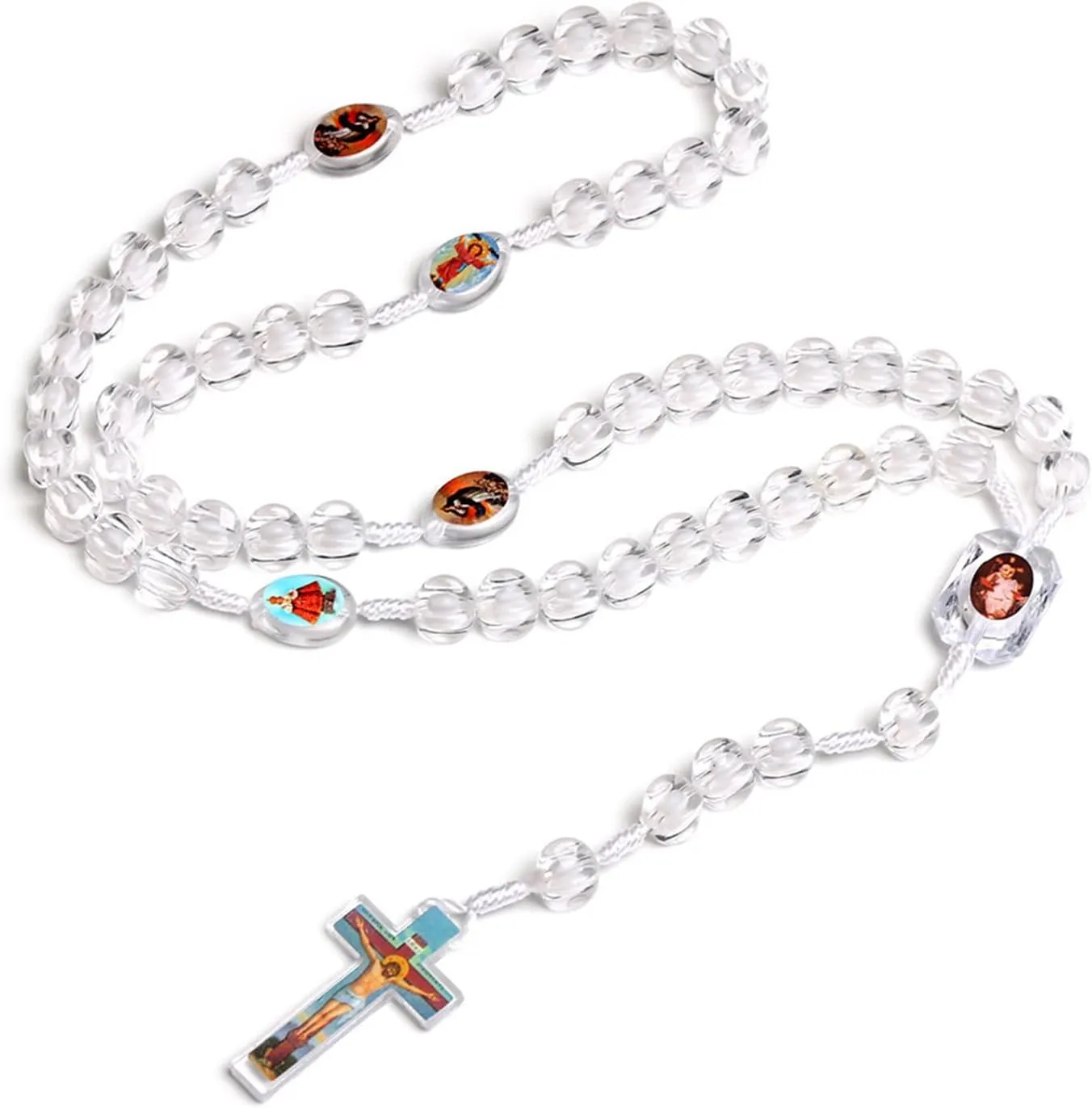 White Round Bead Rosary Necklace Catholic Prayer Pendant Long Chain Religious Jewelry Women
