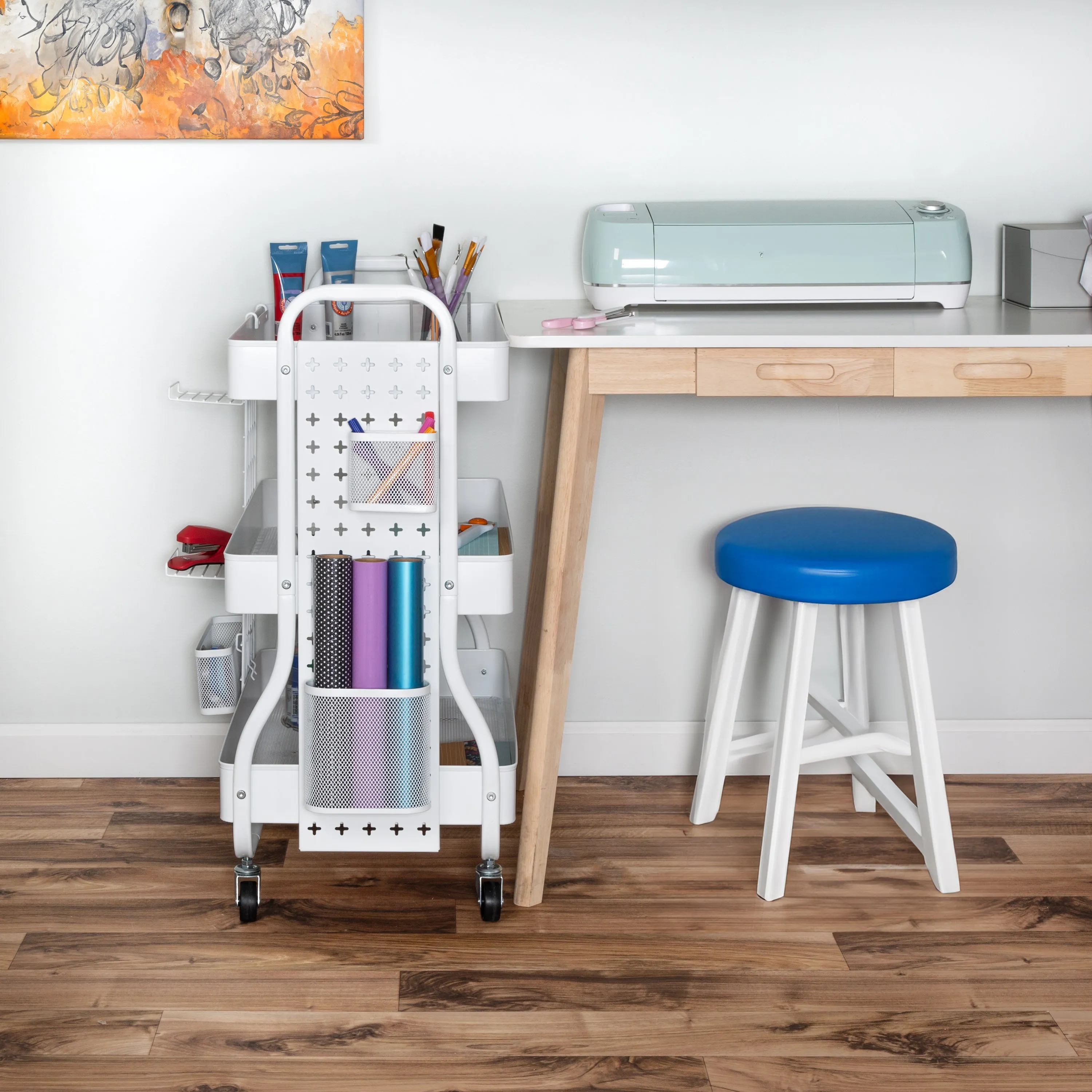 White Steel Rolling 2-in-1 Craft Storage Cart