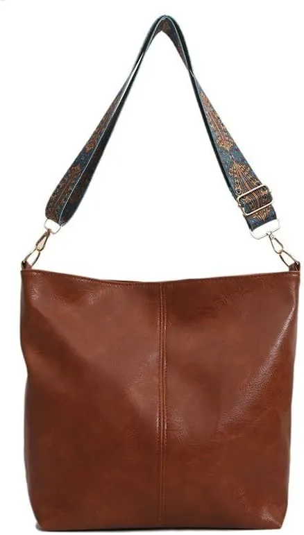 Wide Geometric Strap Shoulder Bag - Large Capacity PU Leather Crossbody Bag for Women, Fashion Bucket Tote with Adjustable Strap