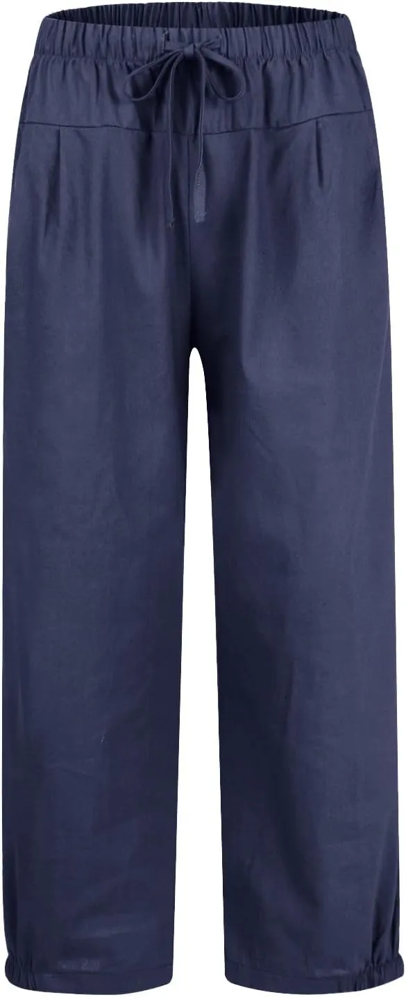 Wide Leg Linen Pants Women Drawstring Elastic High Waisted Baggy Capri Pants Casual Straight Leg Cropped Pants with Pockets