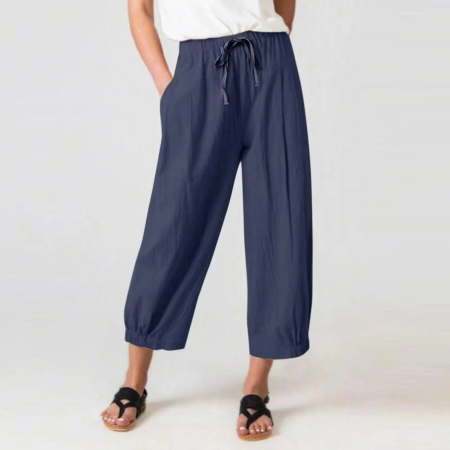Wide Leg Linen Pants Women Drawstring Elastic High Waisted Baggy Capri Pants Casual Straight Leg Cropped Pants with Pockets
