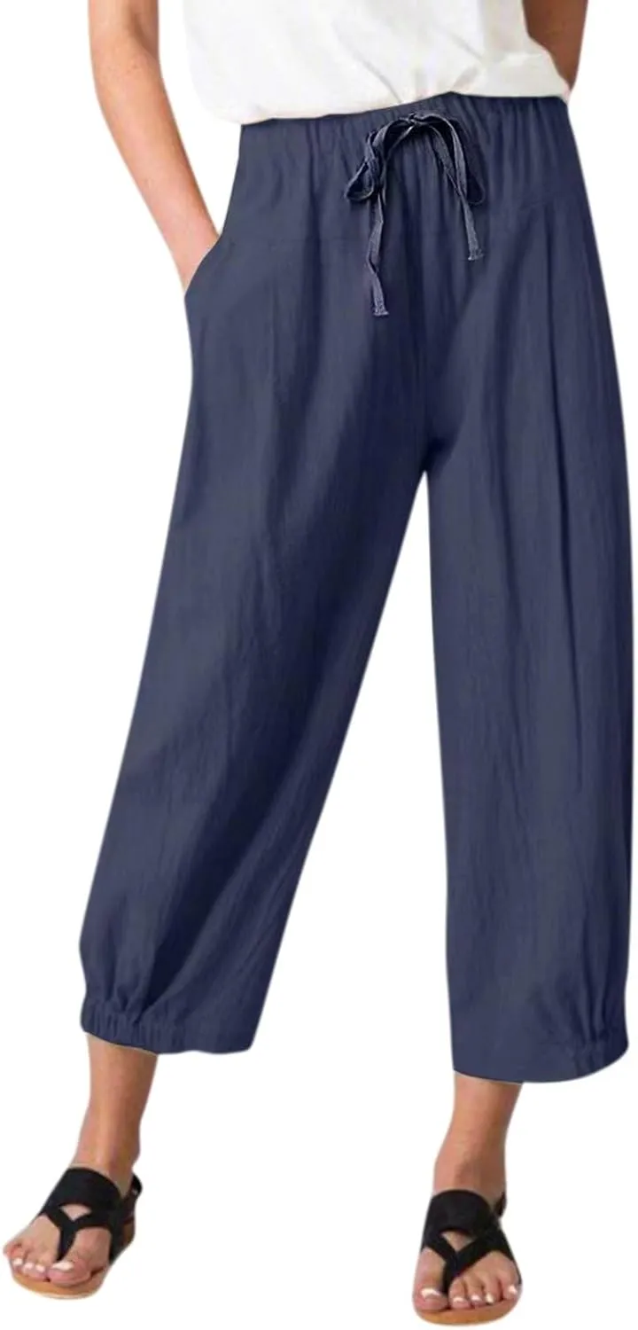 Wide Leg Linen Pants Women Drawstring Elastic High Waisted Baggy Capri Pants Casual Straight Leg Cropped Pants with Pockets