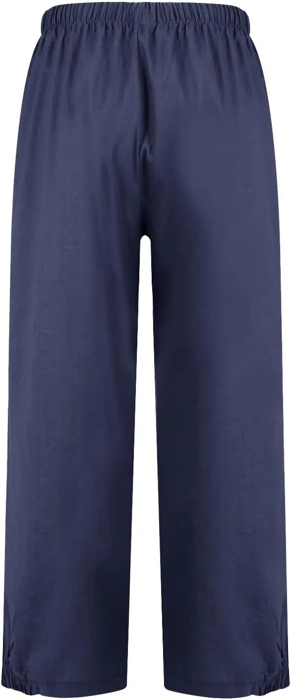 Wide Leg Linen Pants Women Drawstring Elastic High Waisted Baggy Capri Pants Casual Straight Leg Cropped Pants with Pockets