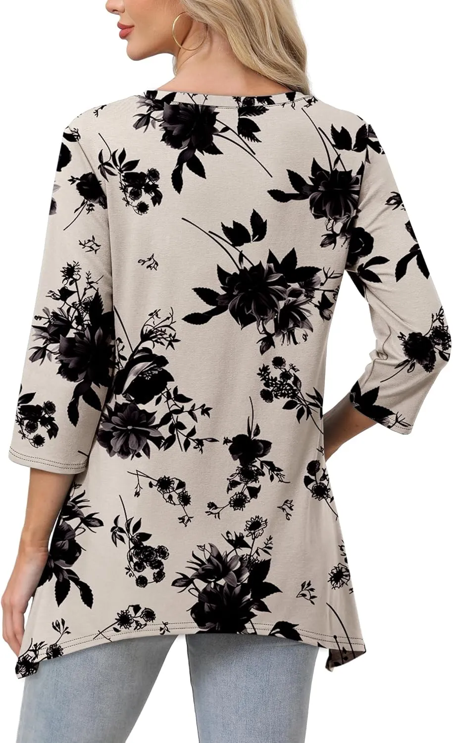 WIHOLL 3/4 Sleeve Tunic Tops for Women Loose Fit Dressy Casual Blouses V Neck T Shirts with Asymmetrical Hem S-3XL