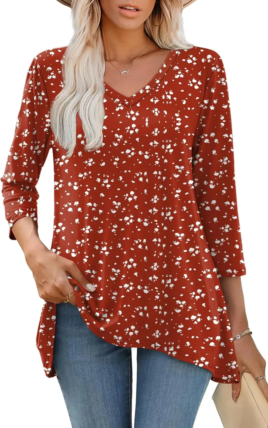 WIHOLL 3/4 Sleeve Tunic Tops for Women Loose Fit Dressy Casual Blouses V Neck T Shirts with Asymmetrical Hem S-3XL