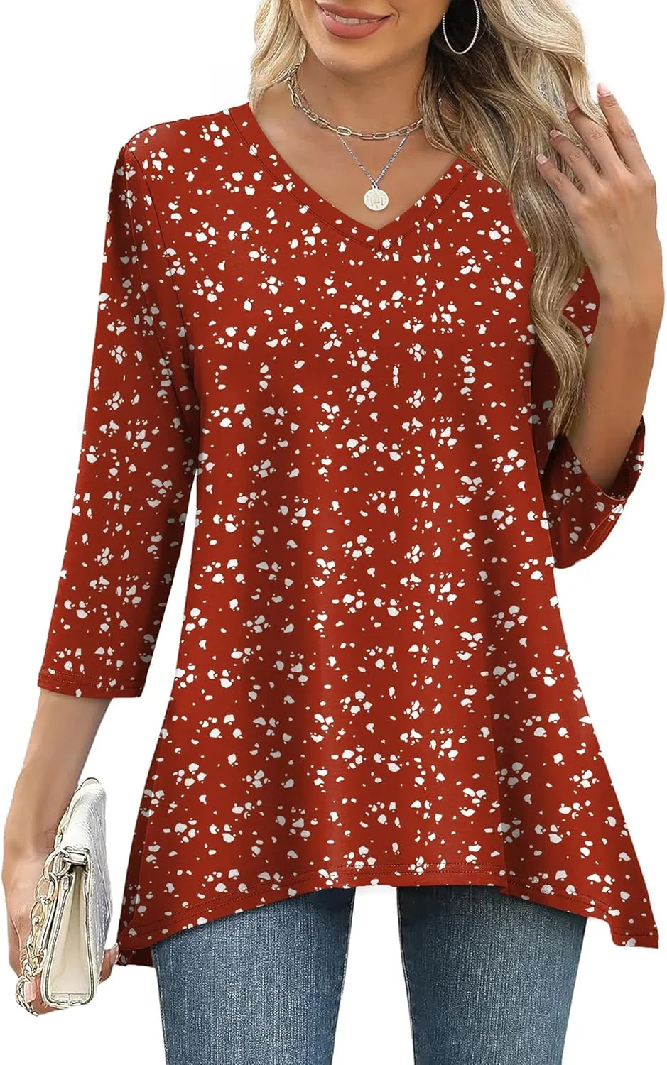 WIHOLL 3/4 Sleeve Tunic Tops for Women Loose Fit Dressy Casual Blouses V Neck T Shirts with Asymmetrical Hem S-3XL