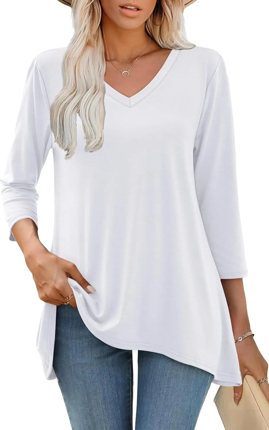 WIHOLL 3/4 Sleeve Tunic Tops for Women Loose Fit Dressy Casual Blouses V Neck T Shirts with Asymmetrical Hem S-3XL