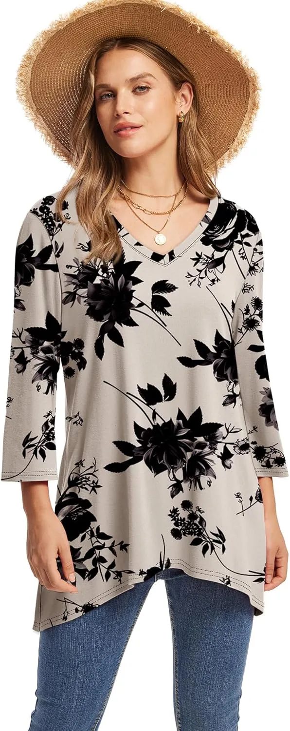 WIHOLL 3/4 Sleeve Tunic Tops for Women Loose Fit Dressy Casual Blouses V Neck T Shirts with Asymmetrical Hem S-3XL
