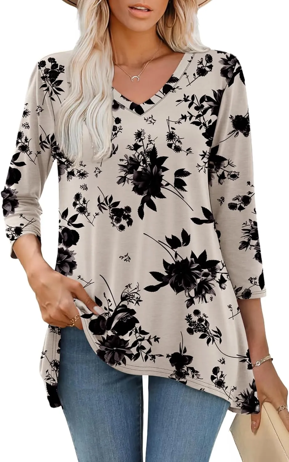 WIHOLL 3/4 Sleeve Tunic Tops for Women Loose Fit Dressy Casual Blouses V Neck T Shirts with Asymmetrical Hem S-3XL