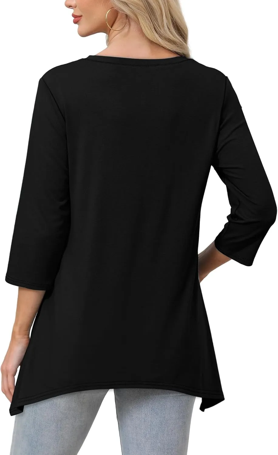 WIHOLL 3/4 Sleeve Tunic Tops for Women Loose Fit Dressy Casual Blouses V Neck T Shirts with Asymmetrical Hem S-3XL
