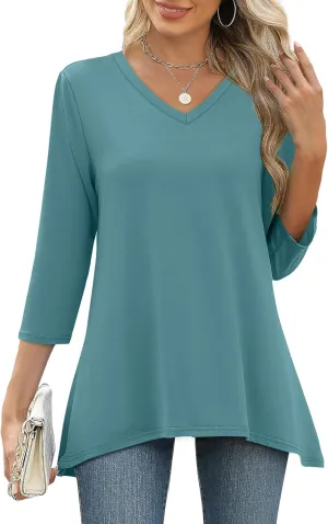 WIHOLL 3/4 Sleeve Tunic Tops for Women Loose Fit Dressy Casual Blouses V Neck T Shirts with Asymmetrical Hem S-3XL