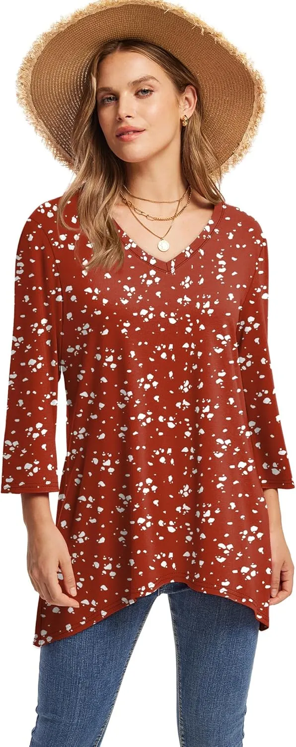 WIHOLL 3/4 Sleeve Tunic Tops for Women Loose Fit Dressy Casual Blouses V Neck T Shirts with Asymmetrical Hem S-3XL