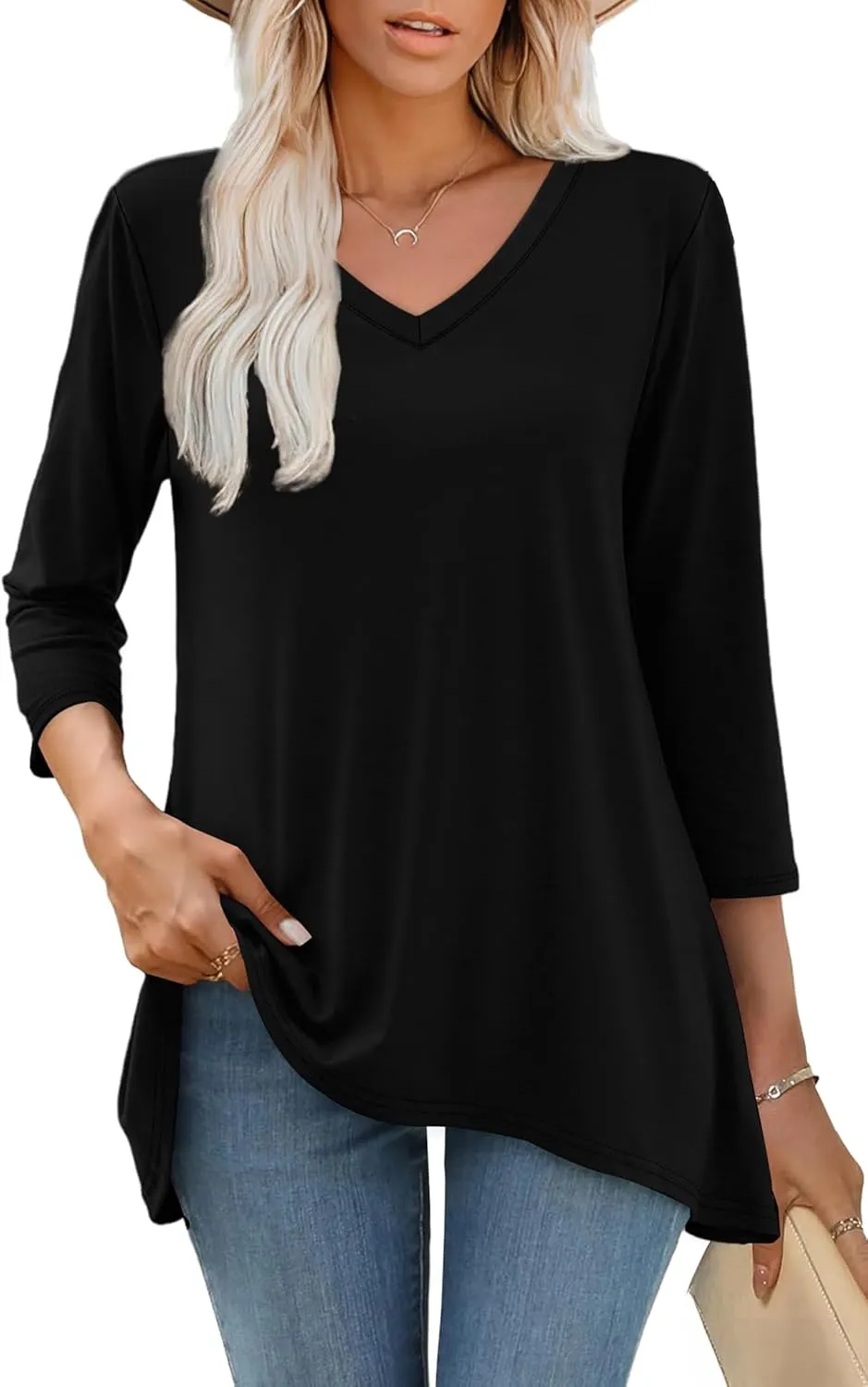 WIHOLL 3/4 Sleeve Tunic Tops for Women Loose Fit Dressy Casual Blouses V Neck T Shirts with Asymmetrical Hem S-3XL