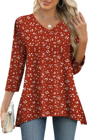 WIHOLL 3/4 Sleeve Tunic Tops for Women Loose Fit Dressy Casual Blouses V Neck T Shirts with Asymmetrical Hem S-3XL