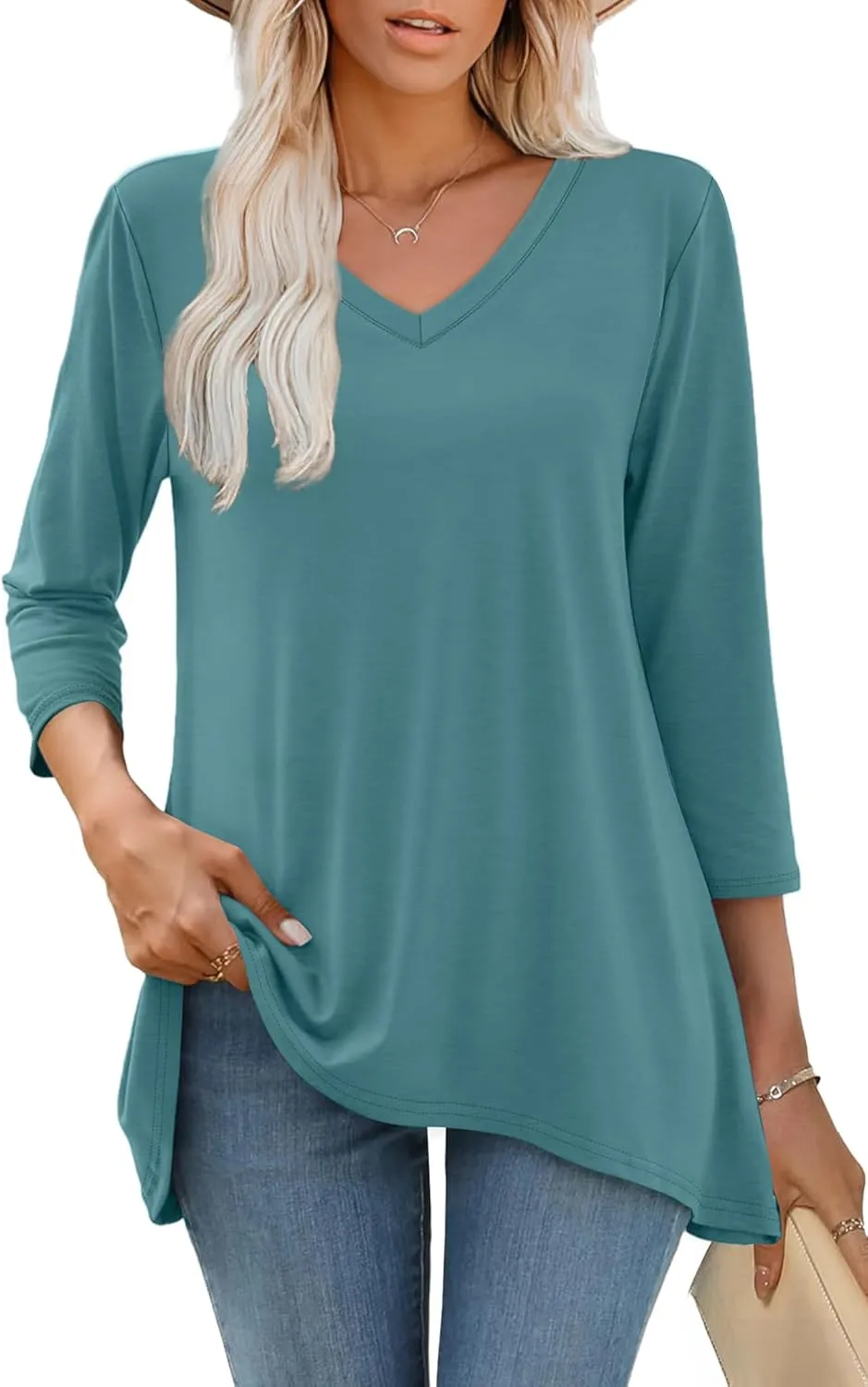 WIHOLL 3/4 Sleeve Tunic Tops for Women Loose Fit Dressy Casual Blouses V Neck T Shirts with Asymmetrical Hem S-3XL
