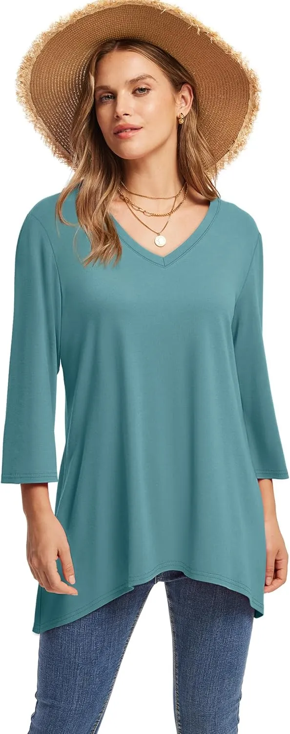 WIHOLL 3/4 Sleeve Tunic Tops for Women Loose Fit Dressy Casual Blouses V Neck T Shirts with Asymmetrical Hem S-3XL