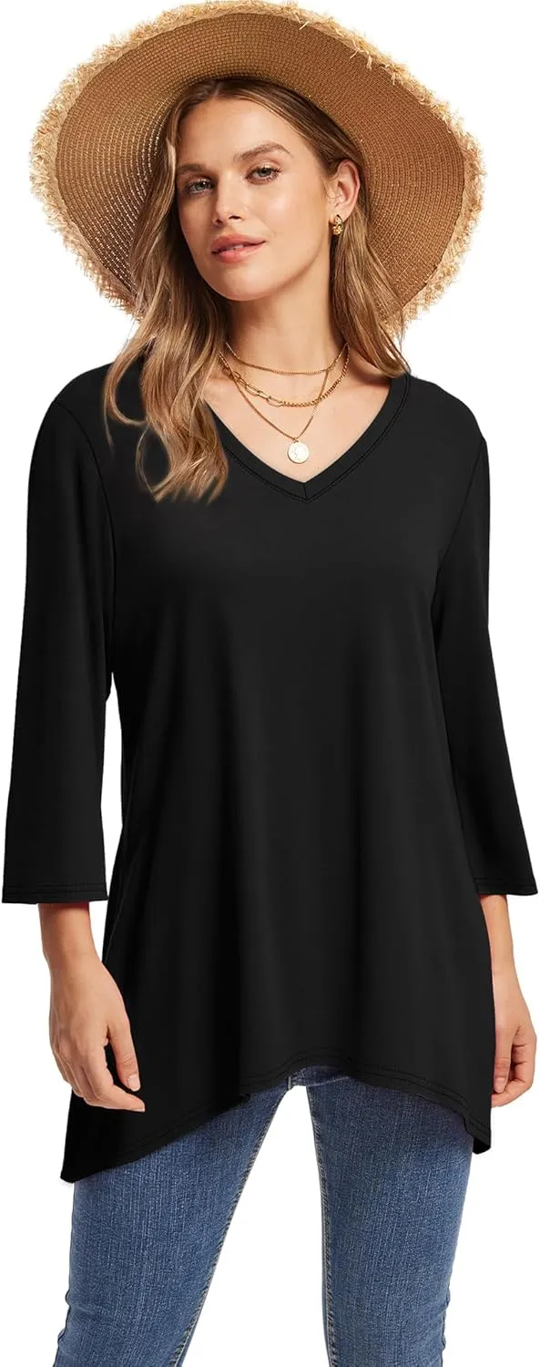 WIHOLL 3/4 Sleeve Tunic Tops for Women Loose Fit Dressy Casual Blouses V Neck T Shirts with Asymmetrical Hem S-3XL