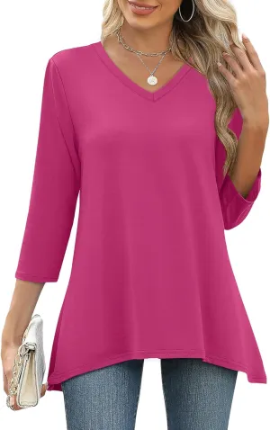 WIHOLL 3/4 Sleeve Tunic Tops for Women Loose Fit Dressy Casual Blouses V Neck T Shirts with Asymmetrical Hem S-3XL