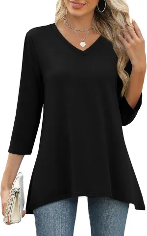 WIHOLL 3/4 Sleeve Tunic Tops for Women Loose Fit Dressy Casual Blouses V Neck T Shirts with Asymmetrical Hem S-3XL