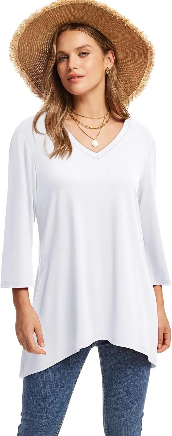 WIHOLL 3/4 Sleeve Tunic Tops for Women Loose Fit Dressy Casual Blouses V Neck T Shirts with Asymmetrical Hem S-3XL